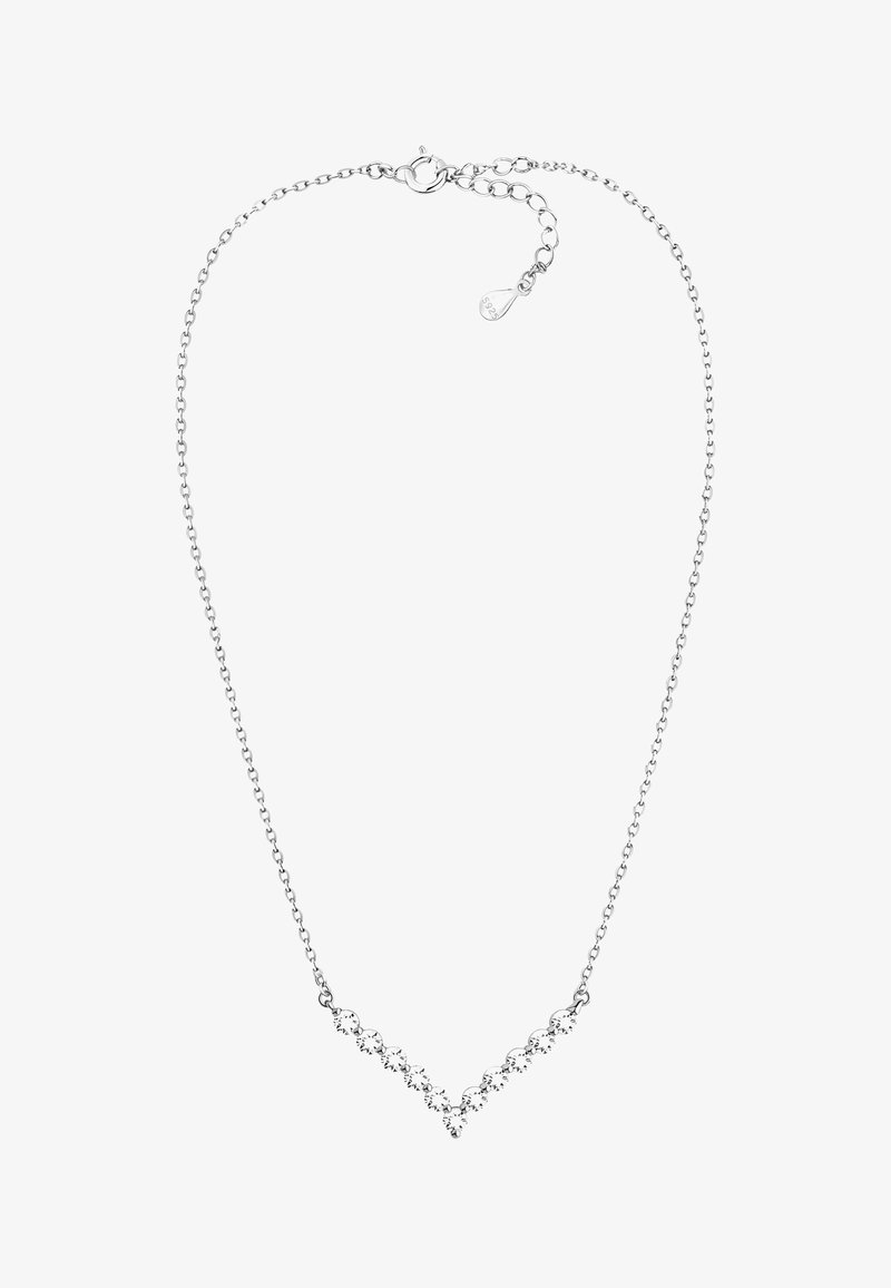 Silverhalsband med en delikat kedja och en V-formad design med klara ädelstenar, som visar upp ett minimalt och elegant mönster.