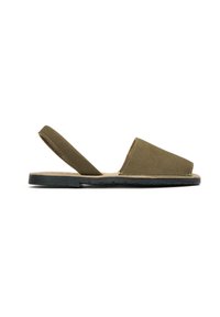 Green suede slide sandal with a low black rubber sole and two elastic straps. Features a flat, squared toe design.