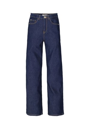 Dunkelblaue Jeans aus Denim mit geraden Beinen, vorderem Knopf und Reißverschluss, Gürtelschlaufen und einem Fünf-Taschen-Design.