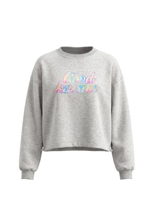 Lysegrå cropped sweatshirt med lange ærmer og farverig "Good karma" tekst på brystet i en kursiv skrifttype.
