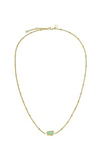 Collana d'oro con una catena delicata e un accento di pietra verde. Presenta piccole perline lungo la catena e una chiusura a moschettone.