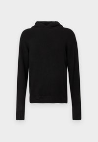 Black pullover hoodie made of soft fabric. Features a relaxed fit, long sleeves, ribbed cuffs, and a simple, solid color design.