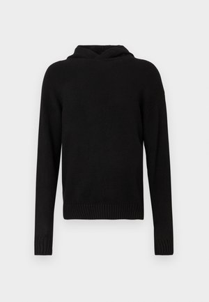 Mustalane pullover-hoodie, mis on valmistatud pehmest kangast. Omab mugavat lõiget, pikki varrukasid, soonikutega mansette ja lihtsat, ühtlast värvi disaini.