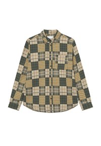 Koszula w kratę z guzikami w kolorach zielonym, żółtym i beżowym. Posiada kieszeń na piersi, długie rękawy oraz różnorodne wzory w kratę. Wykonana z bawełny.
