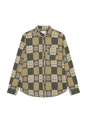 Cămașă cu nasturi, cu carouri în verde, galben și bej. Are o buzunar pe piept, mâneci lungi și modele de carouri variate. Țesătură din bumbac.