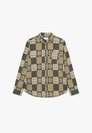 Chemise à carreaux boutonnée en vert, jaune et beige. Dotée d'une poche poitrine, de manches longues et de motifs à carreaux variés. Tissu en coton.