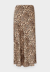 Lang nederdel med et beige og sort leopardmønster, let flared kant og glat stofstruktur.