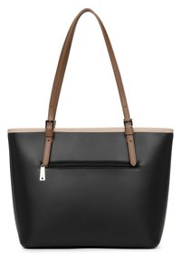 Sac fourre-tout synthétique noir avec des accents marron, structure plate, deux bretelles, et une poche zippée à l'avant pour un rangement sécurisé.