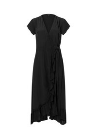 Schwarzes Wickelkleid aus glattem Stoff mit kurzen Ärmeln, V-Ausschnitt, Rüschendetails an der Seite und asymmetrischem Saum.