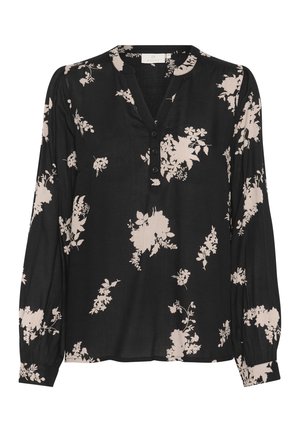 Blusa nera a maniche lunghe, con motivo floreale rosa, chiusura a bottoni e polsini elastici per una vestibilità comoda.