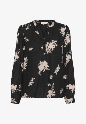 Zwarte blouse met lange mouwen, voorzien van een roze bloemenpatroon, knoopsluiting en elastische manchetten voor een ontspannen pasvorm.