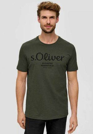 Olive green cotton t-shirt featuring a round neck, short sleeves, and a large black print logo with text on the front.