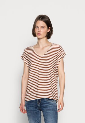 V NECK - T-shirt con stampa - white brown stripe