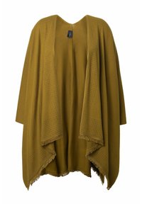 Senfgelber strukturierter Poncho mit V-Ausschnitt, offener Vorderseite und Fransen-Saum. Verfügt über Punktmuster entlang der Ränder. Hergestellt aus weichem Stoff.