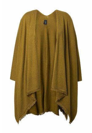 Poncho keltainen sinapinkeltainen teksturoitu, jossa on V-pääntie, avoin etuosa ja tupsureunus. Reunoissa on pisarakuviot. Pehmeää kangasta.