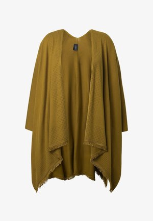 Senfgelber strukturierter Poncho mit V-Ausschnitt, offener Vorderseite und Fransen-Saum. Verfügt über Punktmuster entlang der Ränder. Hergestellt aus weichem Stoff.