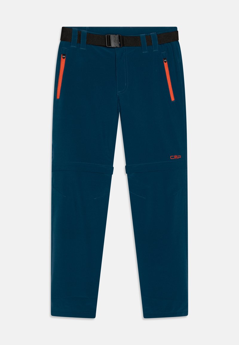 Calças de caminhada de cor azul-marinho com um cinto preto, apresentando bolsos com fecho éclair laranja e bainha ajustável. Feitas de um tecido leve e durável.