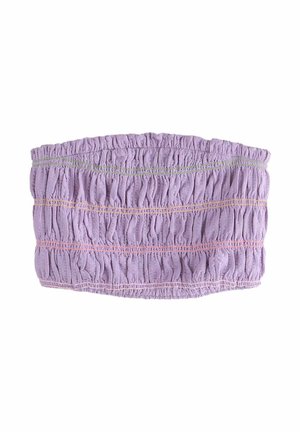 Levendula színű, ráncolt anyagból készült, csőfelső, amelynek elején zöld, sárga, narancssárga és rózsaszín pasztell színű vízszintes varrás található.