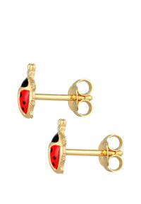 Guldmyggörhängen med röda, svarta och guldaccenter med en slät emaljfinish. Inkluderar en postbak för säker bärning.