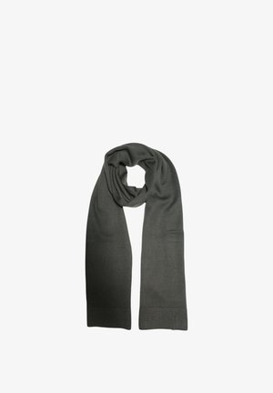 Écharpe grise en tricot, de forme rectangulaire, texture douce, extrémités côtelées, matériau léger, adaptée pour la chaleur et le confort.