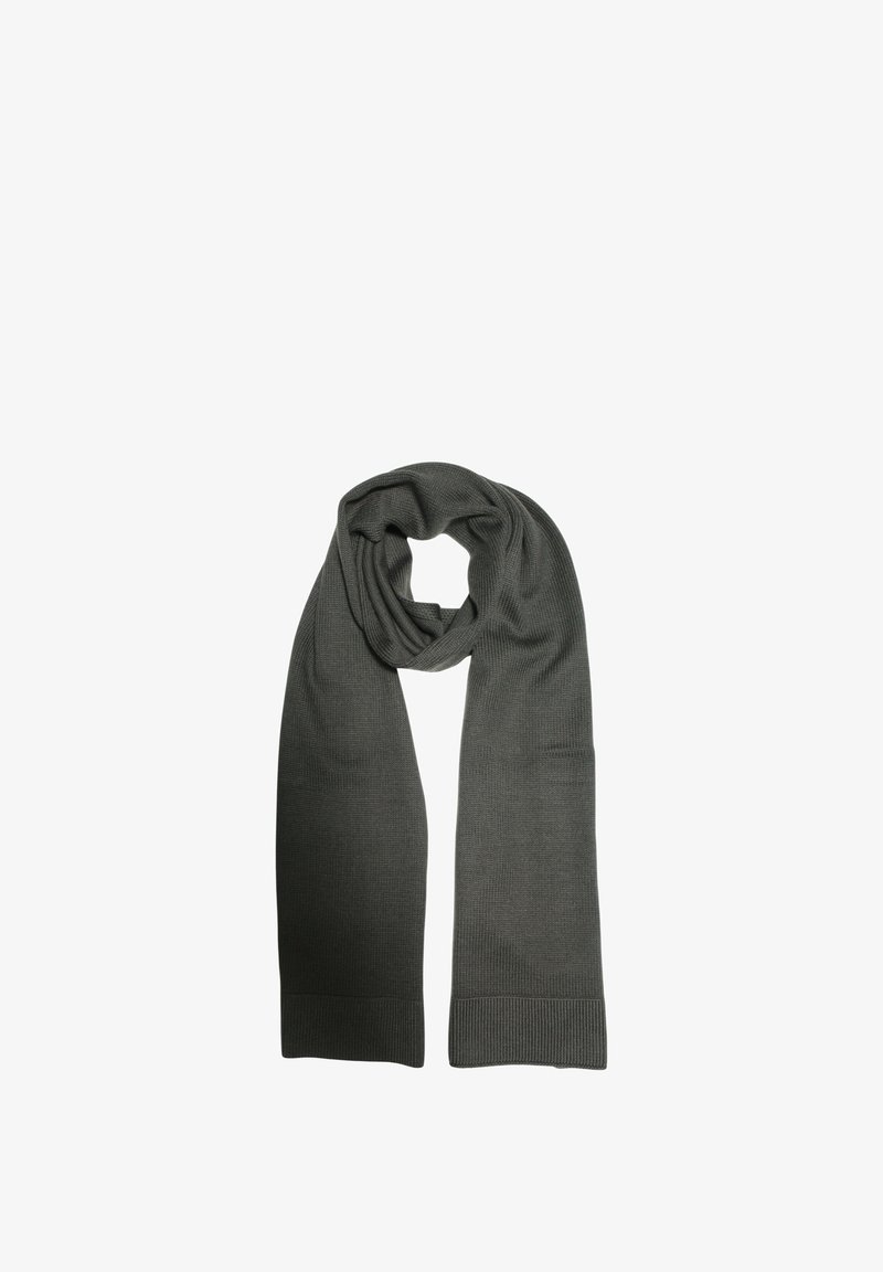 Sciarpa grigia lavorata a maglia, forma rettangolare, texture morbida, estremità a coste, materiale leggero, adatta per calore e comfort.