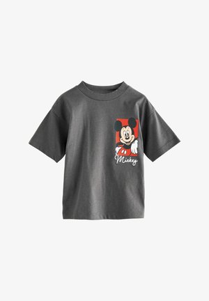 Hallhallane puuvillane T-särk, mille esiküljel on print Mickey Mouse'i disain punase ruudustiku taustaga ja valgete tähtedega. Lühikesed varrukad.