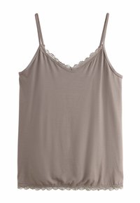 Camisole taupe avec fines bretelles réglables et bordure en dentelle le long de l'encolure en V et de l'ourlet, fabriquée en tissu doux et léger.