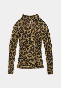 Long-sleeve top in a leopard print pattern, featuring a high collar and a fitted design; made from lightweight, textured fabric in earthy tones.