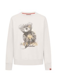 Lichtgrijze sweatshirt met een berenafbeelding in grijstinten en goud, met "NEW YORK" eronder gedrukt en geribbelde manchetten en zoom.