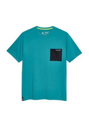 Teal katoenen t-shirt met korte mouwen, voorzien van een zwarte borstzak en een ronde halslijn, met een gestructureerde stof en branding op de zak.