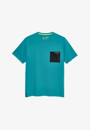 T-shirt in cotone teal con maniche corte, dotato di tasca sul petto nera e collo rotondo, tessuto testurizzato e marchio sulla tasca.