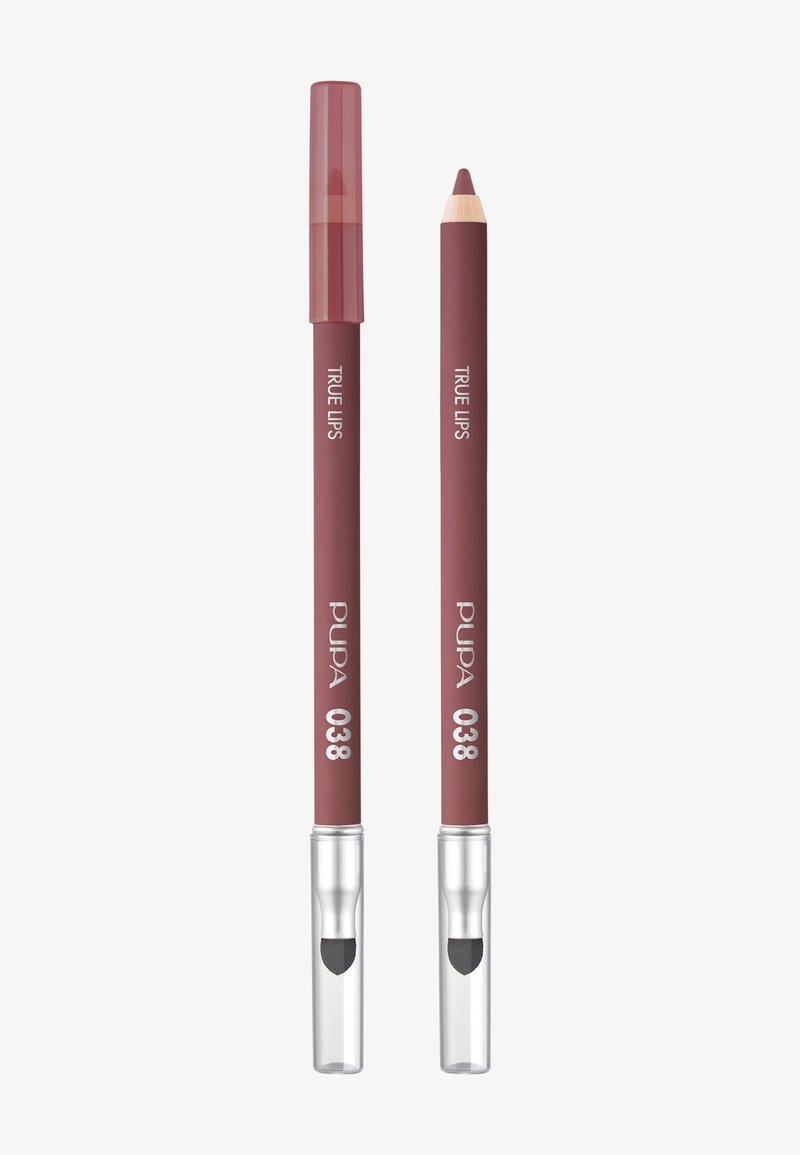 Set de crayons à lèvres comprenant deux crayons couleur mauve à fini mat, un avec capuchon et un avec une pointe estompeuse, étiquetés "TRUE LIPS 038".