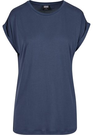 T-shirt bleu marine à manches courtes en tissu doux, avec un col rond et une coupe ample, présentant des manches roulées et une texture lisse.