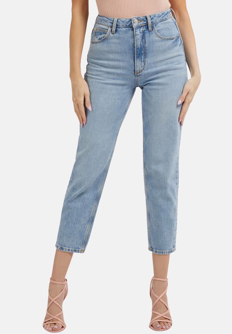 Lichtblauwe high-waisted jeans met een rechte poot, voorzien van gestikte naden en een klassiek vijf-pocket ontwerp.