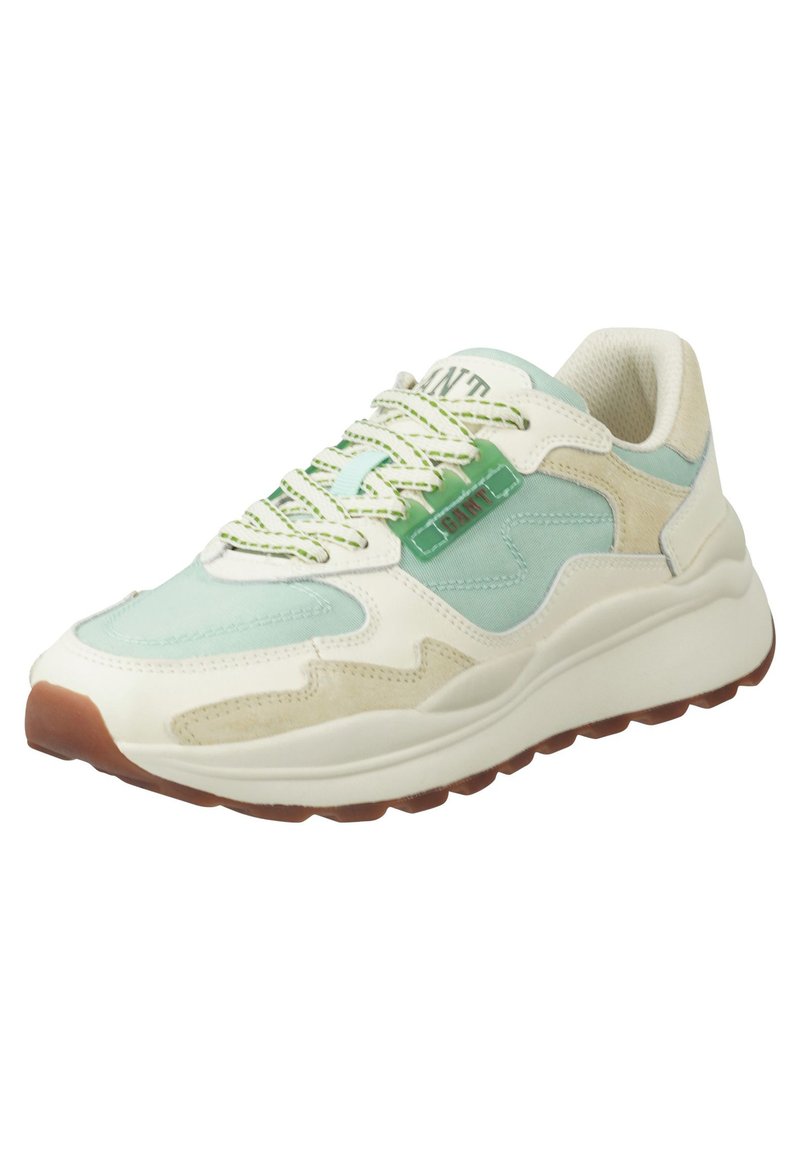 Sneaker, die eine Mischung aus hellem Minzgrün und Cremefarben, weichem Wildleder- und Mesh-Material sowie einer dicken weißen Sohle mit grünen Akzenten aufweisen.