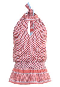 Red and white patterned halter top with a keyhole cutout, smocked waist, and peplum hem. Features a contrasting blue tie at the neck.