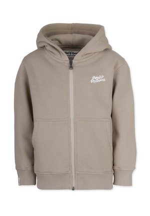 Beige Kapuzenjacke mit Reißverschluss aus weichem Stoff, mit Kapuze, Kängurutaschen, gerippten Bündchen und einem kleinen weißen Logo auf der Brust.