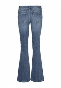 Modre razširjene kavbojke iz denima, z medianim pasom, dvema zadnjima žepoma in gladko teksturo z vidnimi šivi.