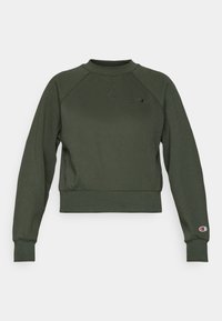 Sötétzöld, rövid fazonú pulóver, pamutkeverékből készült; bordázott nyakkal, mandzsettával és aljjal rendelkezik; logófogas bal mellrészen és jobb ujjon.