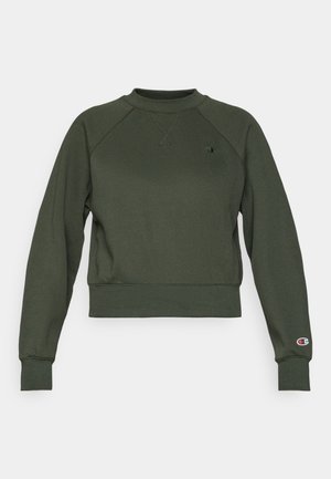Dark green cropped sweatshirt made of cotton blend; features ribbed collar, cuffs, and hem; logo patch on left chest and right sleeve.