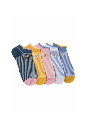 Five pairs of low-cut socks featuring stripes and animal embroidery. Colors include navy, yellow, pink, gray, and blue with ruffled tops.