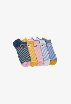 Five pairs of low-cut socks featuring stripes and animal embroidery. Colors include navy, yellow, pink, gray, and blue with ruffled tops.