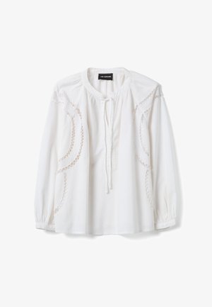 Weiße langärmlige Bluse mit rundem Ausschnitt, Spitzen-Details zum Ausstanzen auf Vorderseite und Ärmeln sowie einer vorderen Bindung.