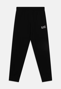 Schwarze Sweatpants mit einem elastischen Bund und Bündchen. Mit seitlichen Taschen und einem weißen EA7-Logo, das auf dem linken Oberschenkel aufgedruckt ist. Weiche Stoffoberfläche.