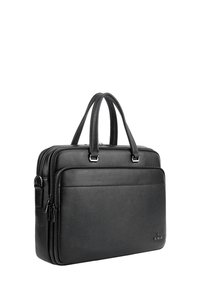 Black leather briefcase with textured surface, dual top handles, a zippered closure, and an external slip pocket for easy access.