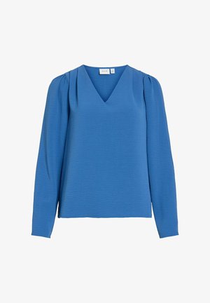 Blauwe blouse met V-hals, lange mouwen, een gestructureerde stof en geplooide accenten op de schouders voor meer diepte. Normale pasvorm.