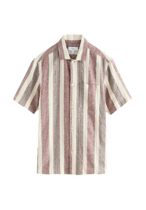 Chemise à manches courtes avec un motif rayé, comprenant des rayures prune, crème et multicolores ; comprend une poche poitrine et des boutons.