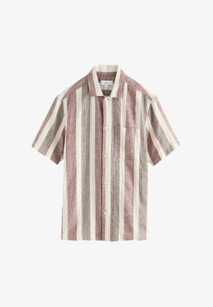 Chemise à manches courtes avec un motif rayé, comprenant des rayures prune, crème et multicolores ; comprend une poche poitrine et des boutons.