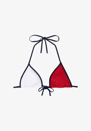 Bikini top v trojuholníkovom tvare s bielymi a červenými tkaninami, námorníckymi modrými akcentmi a nastaviteľnými viazaniami za krkom a na chrbte.