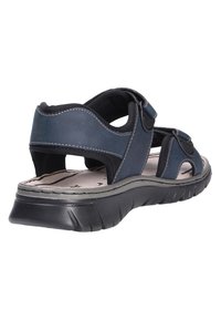 Men's sandals in navy blue leather with adjustable straps, a cushioned interior, and a black rubber sole for traction and comfort.